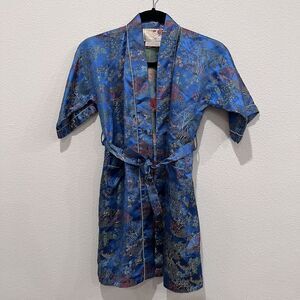 Vintage Peony Brand Children’s Kimono Robe  Blue Satin Shanghai Vintage Chinese